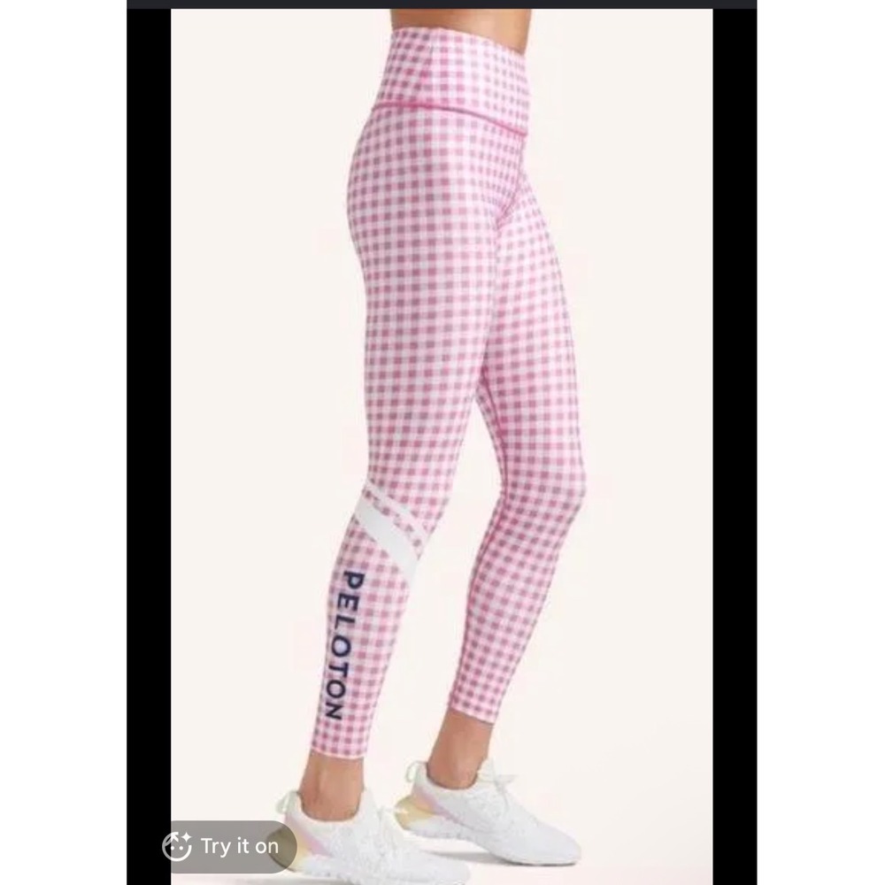 Peloton High-Rise Athletic Leggings Pink White Gingham Checkered Print Small